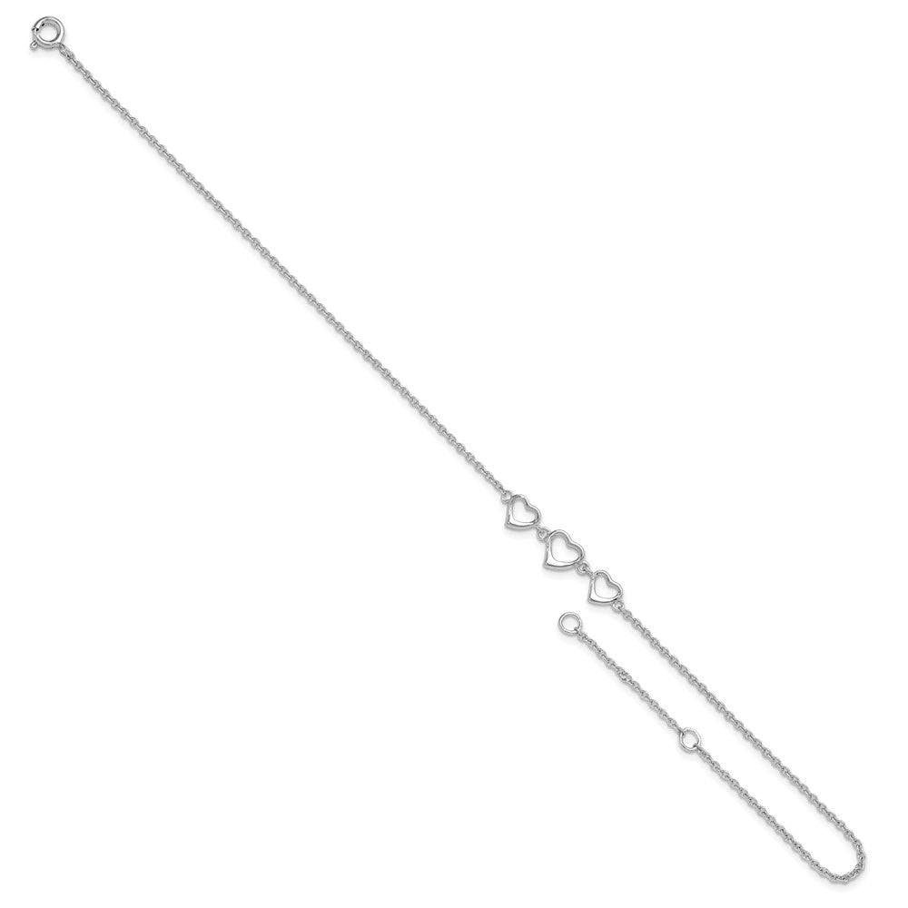 Sterling Silver Rhodium-plated 10 in Plus1 in ext Three Hearts Anklet 10 inches