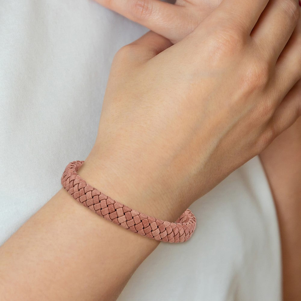 Stainless Steel Polished Woven Brown Leather 8.25in Bracelet 8.25 inches
