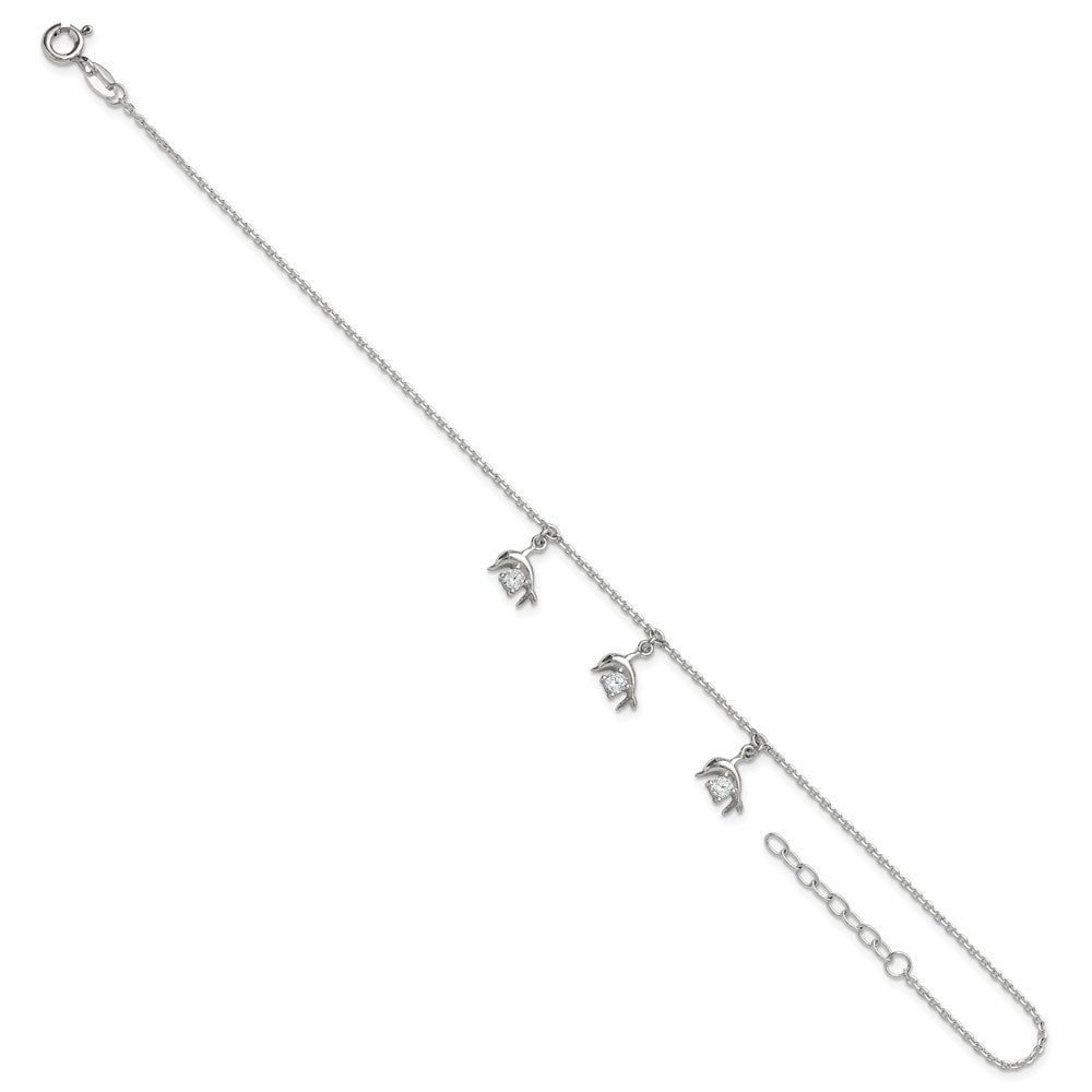 Sterling Silver Polished White CZ Dolphin Dangles 9 inch with 1 inch Extension Anklet