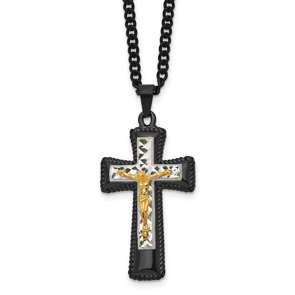 Stainless Steel Black & Yellow IP w/ Silver IP Brass Crucifix Necklace