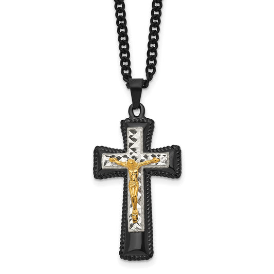 Stainless Steel Black & Yellow IP w/ Silver IP Brass Crucifix Necklace
