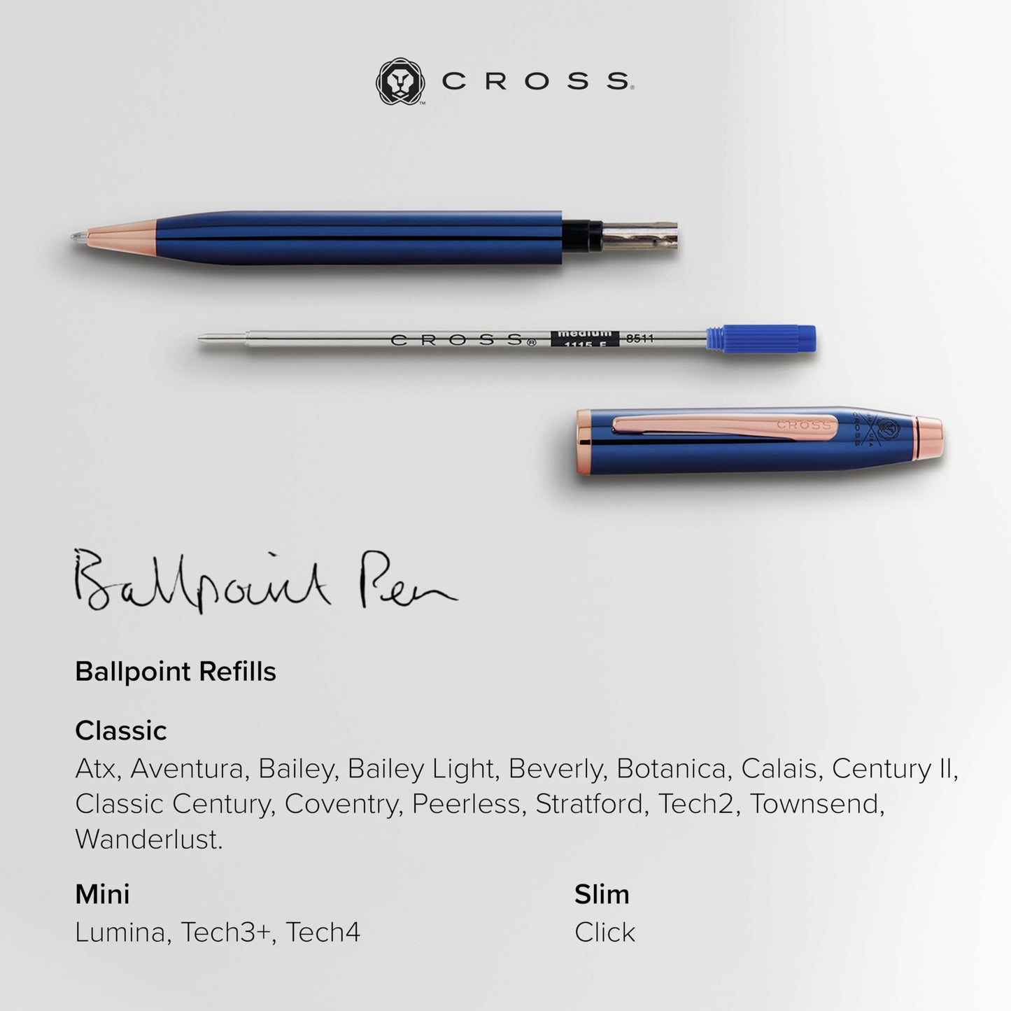 Cross Mini Ballpoint Pen Refill, Medium Point, Blue, 2-Pack (8518-6)