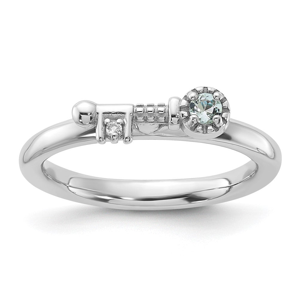Sterling Silver Stackable Expressions Rhodium-plated Aquamarine and White Topaz Key Ring Size -8