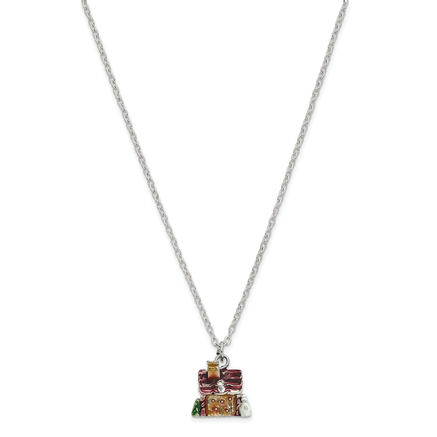 Luxury Giftware by Jere Bejeweled Crystals Silver-tone Enameled LEBKUCHENHAUS Gingerbread House Trinket Box with Matching 18 Inch Necklace QBJ2058