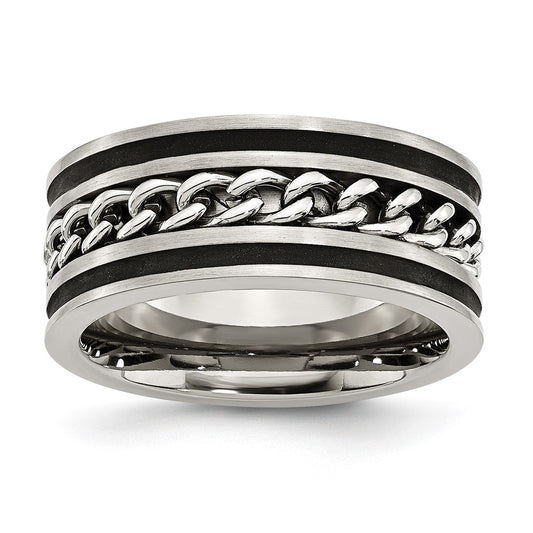 Stainless Steel Brushed & Polished Black IP-plated Chain Inlay 10mm Band Size - 13.5