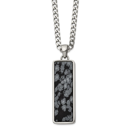 Stainless Steel Polished with Alabaster Stone Inlay Rectangle 22in Necklace