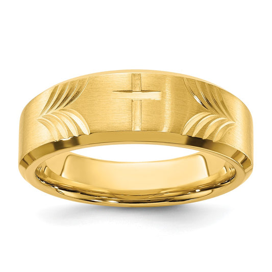 Stainless Steel Brushed & Polished Yellow IP D/C Cross 8mm Tapered Band Size - 8.5