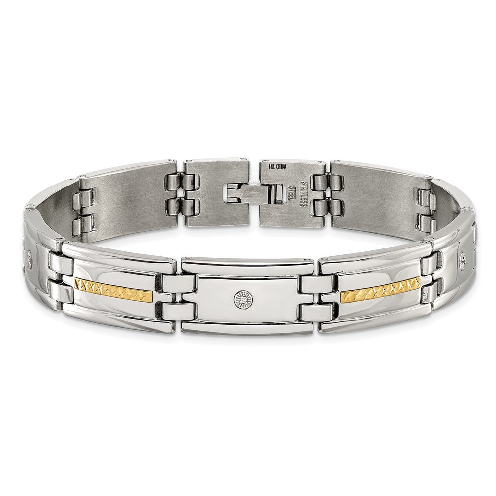 Chisel Stainless Steel Polished with Diamond-cut 14K Gold Accent and .03ct. Diamond 8.75 inch Link Bracelet 8.75 inches