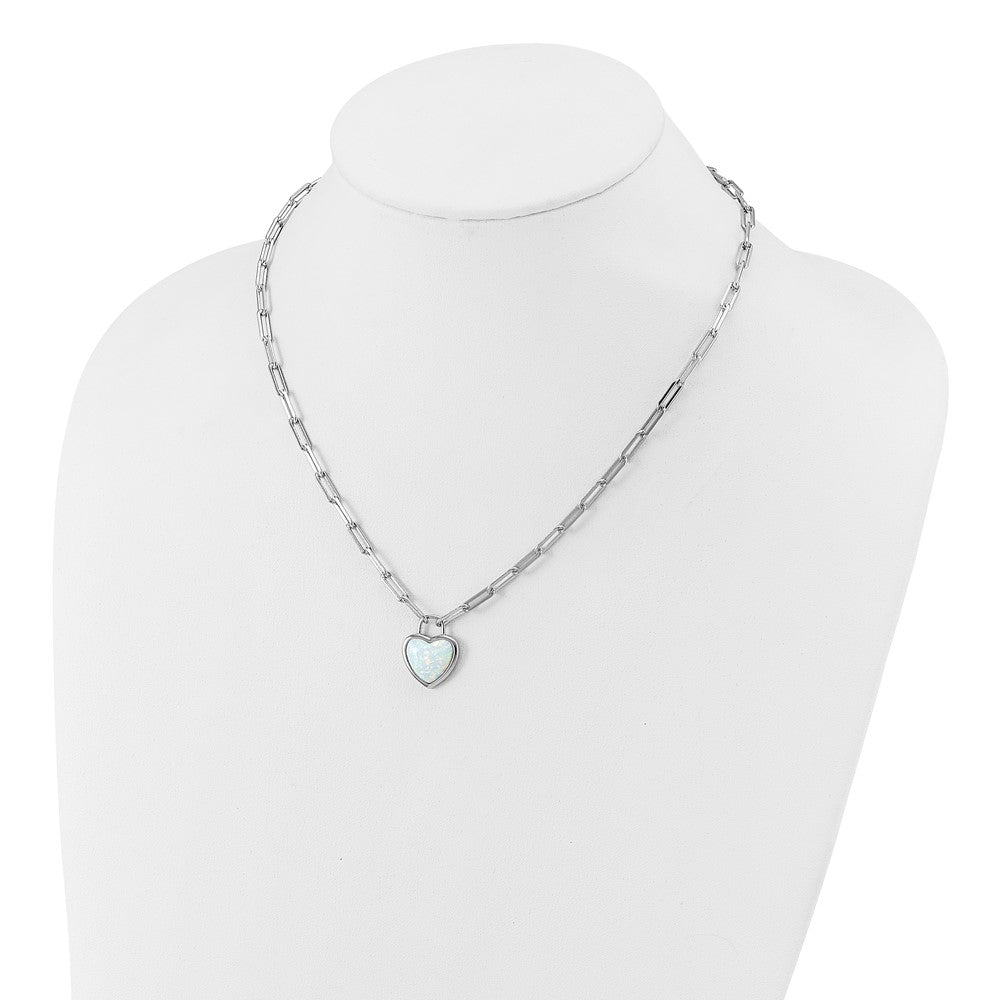 Cheryl M Sterling Silver Rhodium-plated Polished Created Opal Heart Paperclip Link Necklace 18 Inches