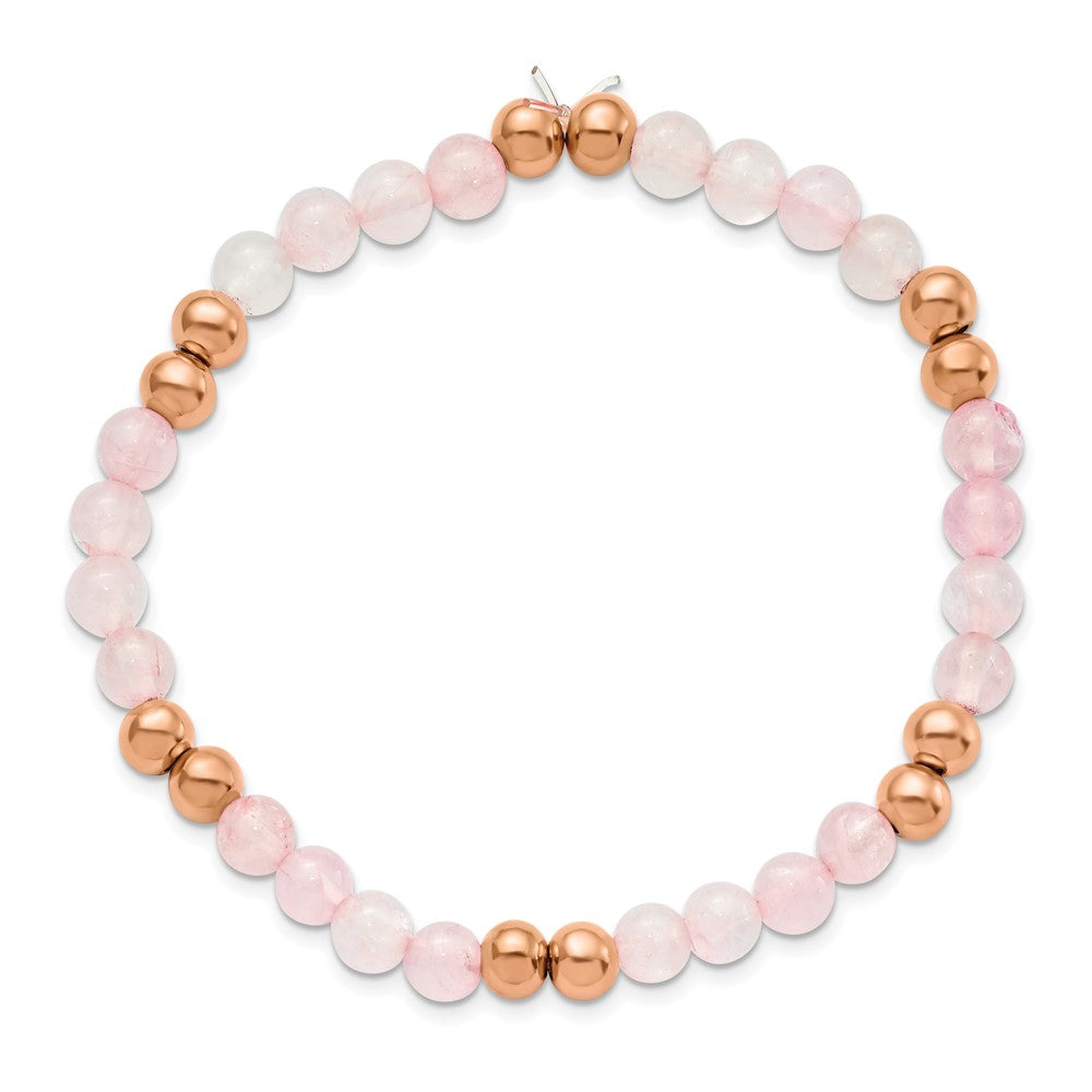 Stainless Steel Polished Rose IP-plated Pink Quartz Beaded Stretch Bracelet 7.25 inches