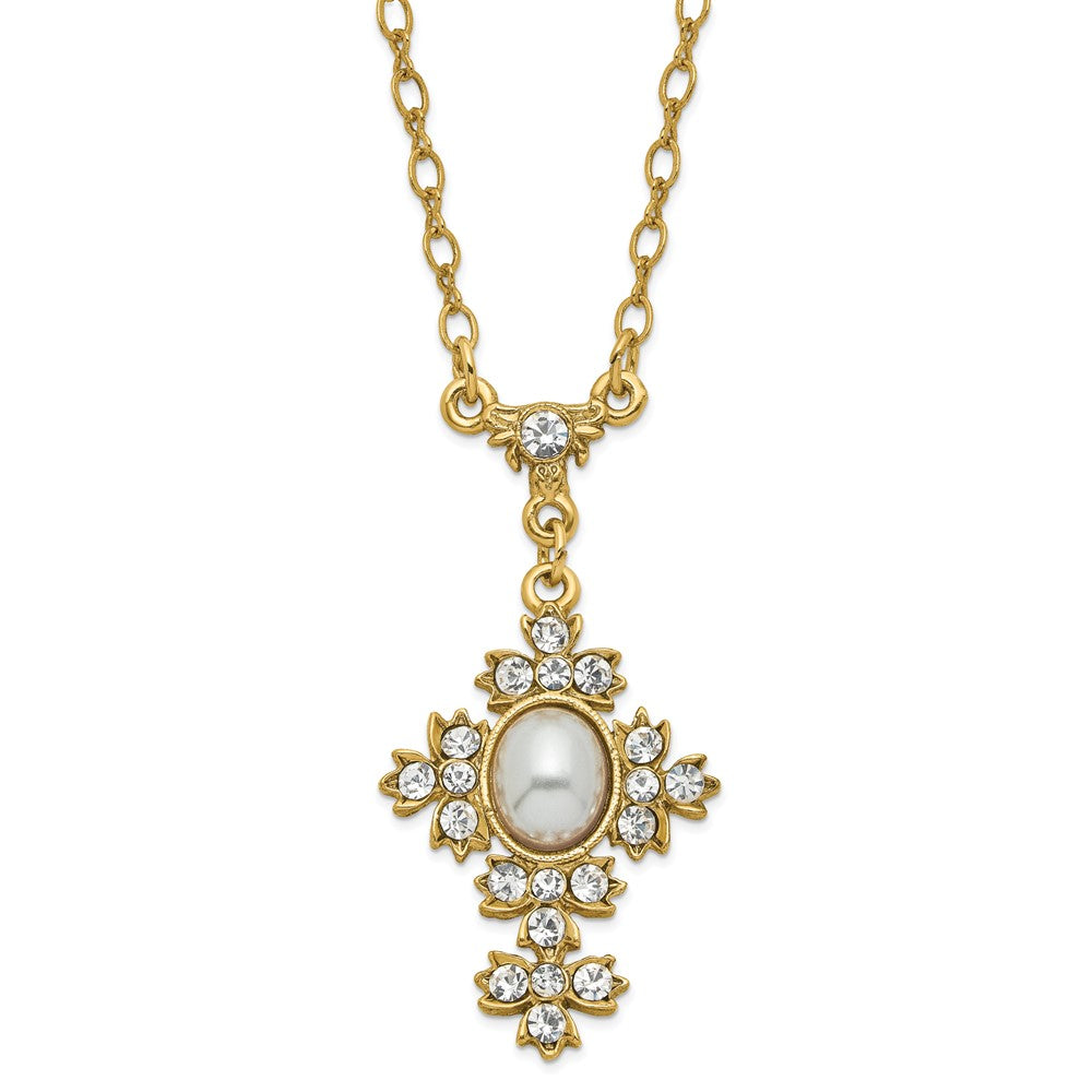 Gold-tone 16+3in ext Acrylic Pearl and Crystal Cross Necklace