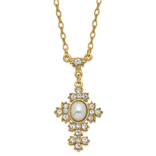 Gold-tone 16+3in ext Acrylic Pearl and Crystal Cross Necklace