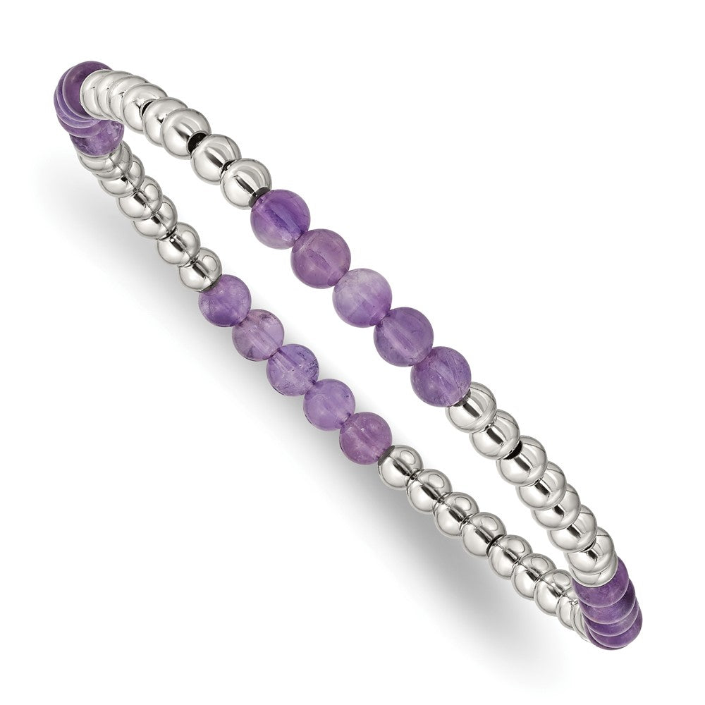 Stainless Steel Polished Purple Zebra Amethyst Beaded Stretch Bracelet 7 inches