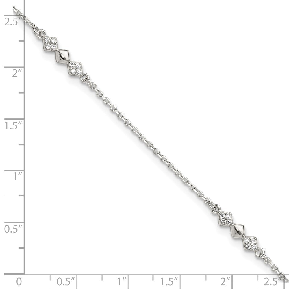 Sterling Silver CZ 3-Diamond Shapes 9in Plus 1 in Ext. Anklet 9 inches