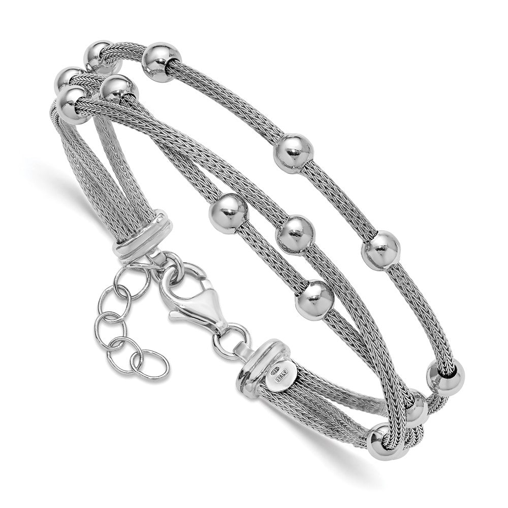 SS RH-plated Polished 3-strand Bead w/1in ext. Bracelet 8.5  inches