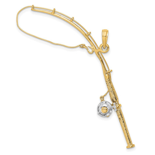 14K w/Rhodium 3-D Moveable Fishing Pole W/ Reel Charm