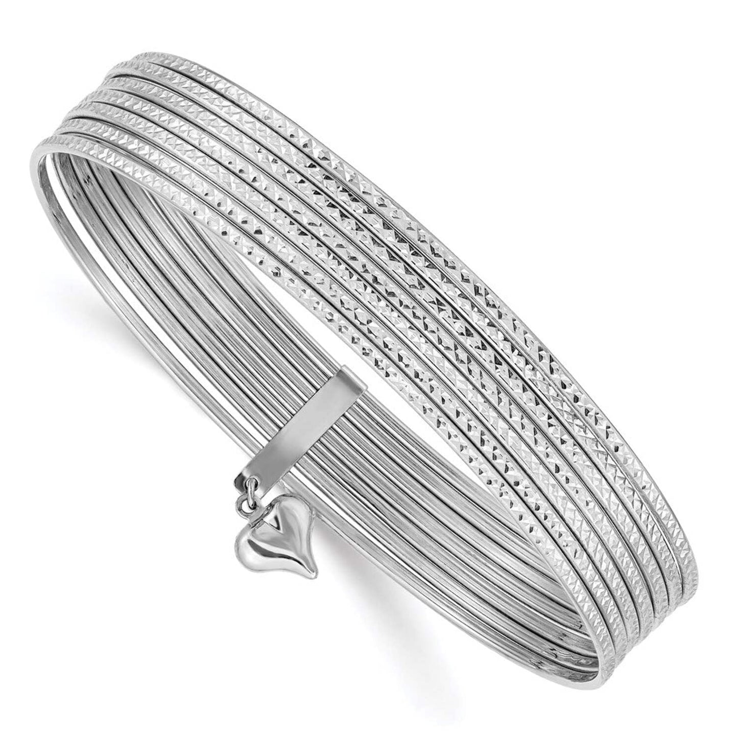 14K Oversize White Gold Polished and Textured with Dangle Heart 7-Strand 11.00mm Slip-on Round Bangle Bracelet