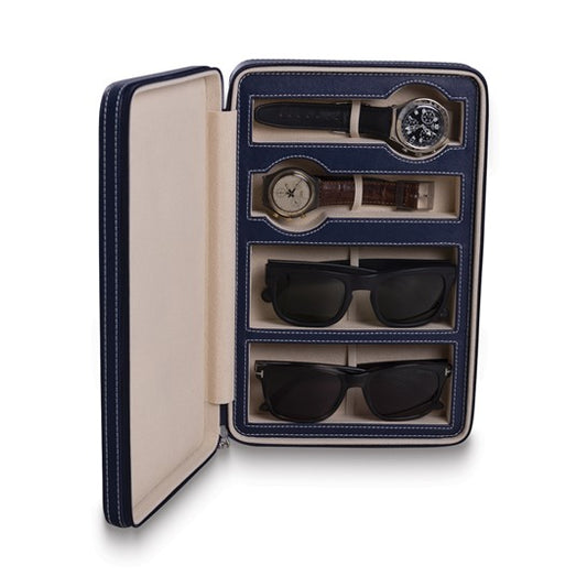 Bey Berk Francis Blue Leather Two Watch and Two Sunglass Travel Case
