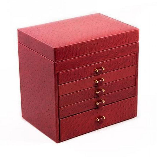 Bey-Berk International BB589RED Red Ostrich Leather Jewelry Chest