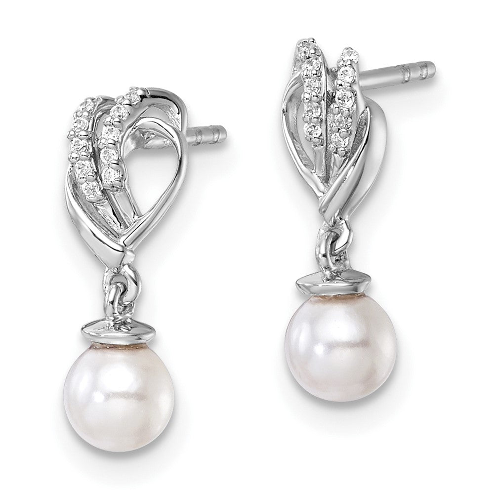 14K White Gold Polished Diamond and Pearl Dangle Post Earrings