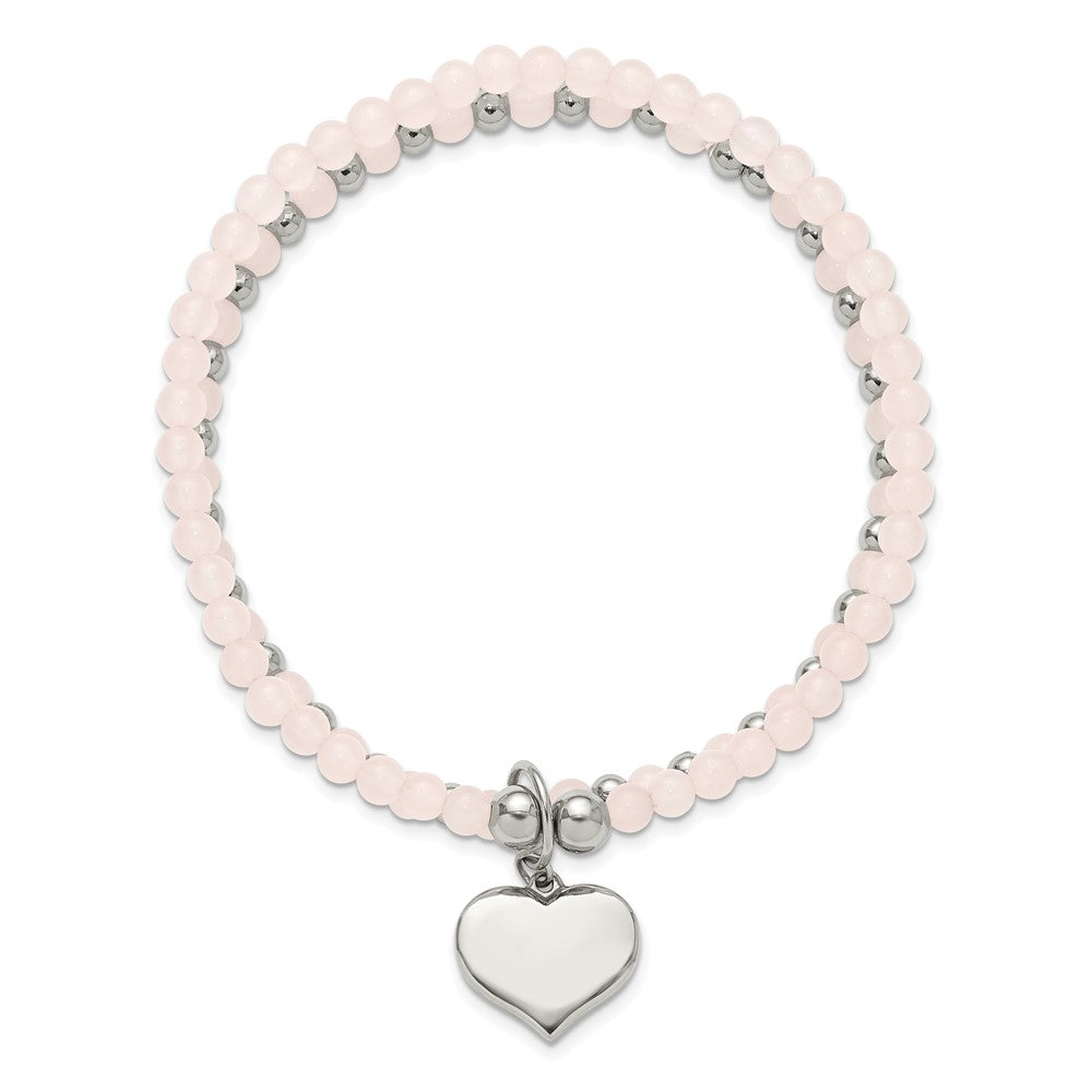 Chisel Stainless Steel Polished Heart 3-4mm Pink Quartz Two Strand 7.75 inch Stretch Bracelet 8 inches