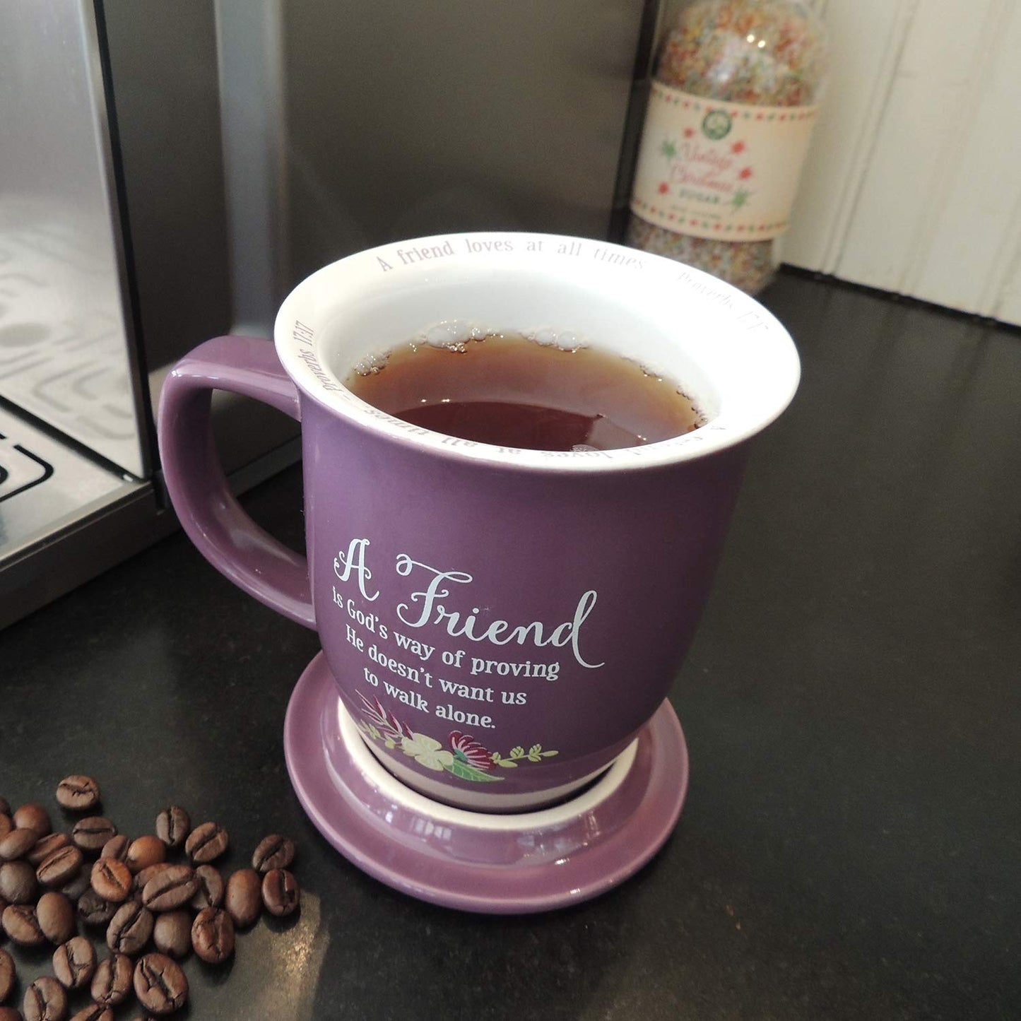 A FRIEND Proverbs 17:17 Purple Floral 14 oz. Ceramic Mug and Coaster Set Boxed QGM21144