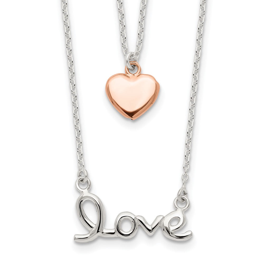 Sterling Silver Rose-tone LOVE and Heart 18in Necklace 18 Inches