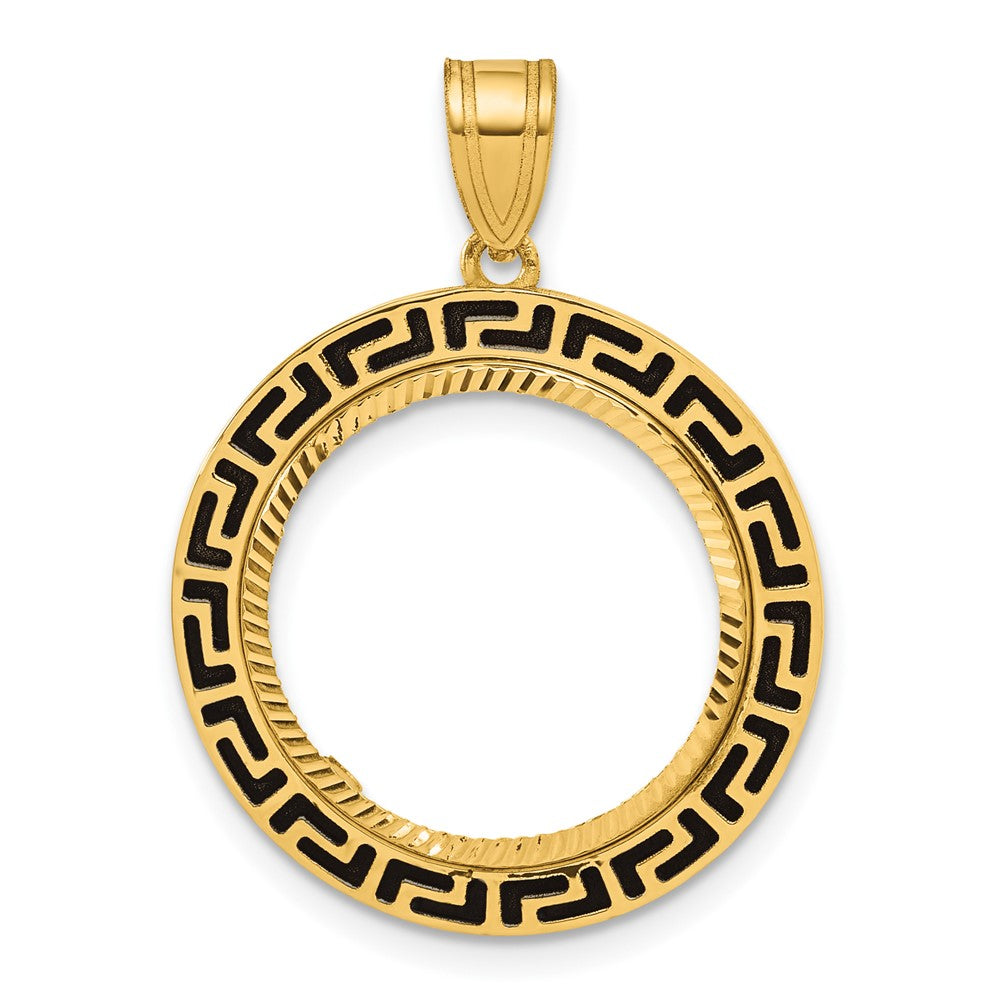 14k Diamond Cut and Black Enamel Greek Key with 16.5mm Prong Coin Bezel Pen
