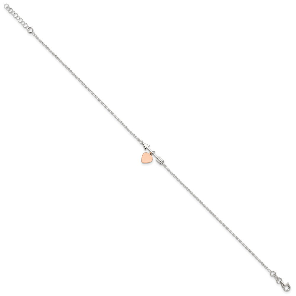 Sterling Silver Arrow with Rose-tone Heart 10in Plus 1 inch Ext Anklet 10 inches