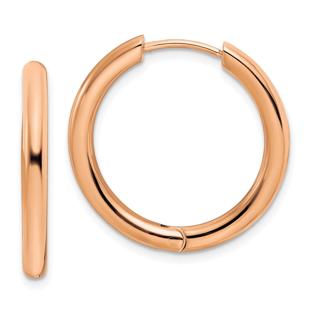 Stainless Steel Polished Rose IP-plated 3mm Hinged Hoop Earrings