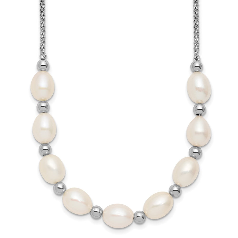 Sterling Silver Rhodium-plated Polished and Beaded 7-8mm Freshwater Cultured Rice Pearl 16 Inch with 2 Inch Extension Necklace