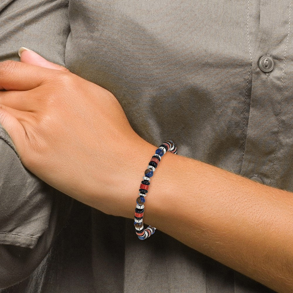 Chisel Stainless Steel Polished 6.50mm Blue Golden, Red Agate and Black Onyx Beaded 7.75 inch Stretch Bracelet
