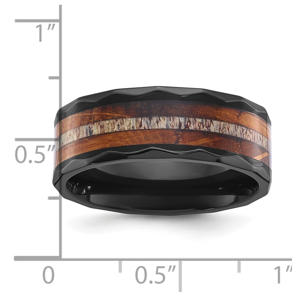 Chisel Black Zirconium Polished Faceted with Wood and Deer Antler Inlay 8mm Band Size - 8