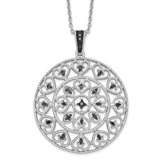 White Night Sterling Silver Rhodium-plated Black Diamond Circle Pendant 18 Inch Necklace with 2 Inch Extender 18 Inches