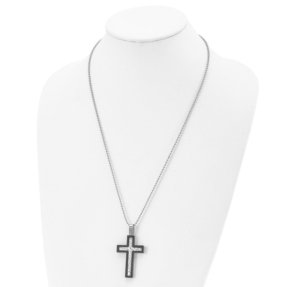 Stainless Steel Brushed and Polished Hammered Black IP Cross Necklace