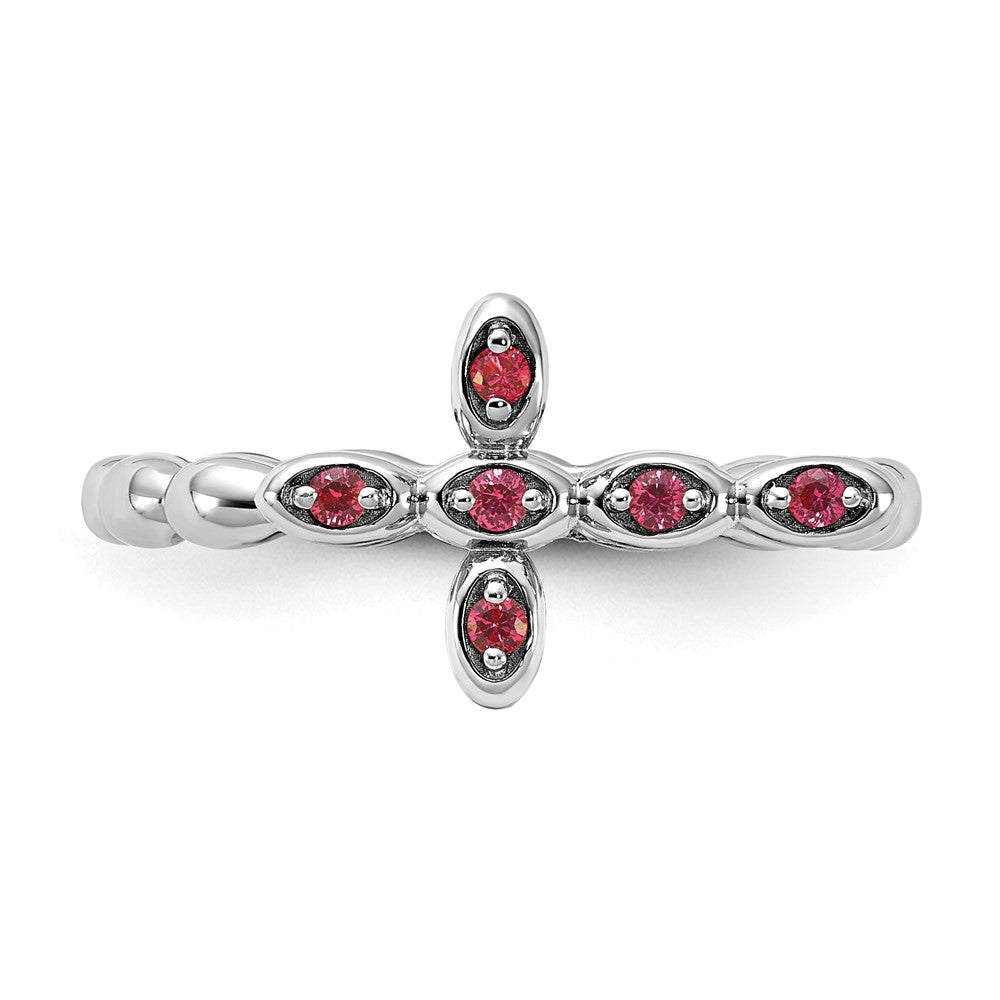 Sterling Silver Stackable Expressions Rhodium-plated Created Ruby Cross Ring Size -10
