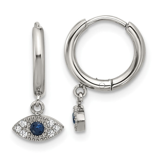 Chisel Stainless Steel Polished Blue and White Zircon Evil Eye Dangle Hinged Hoop Earrings