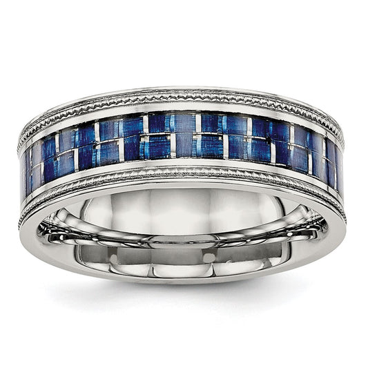 Stainless Steel Polished Blue Carbon Fiber Inlay Textured Edge 8mm Band Size - 7.5