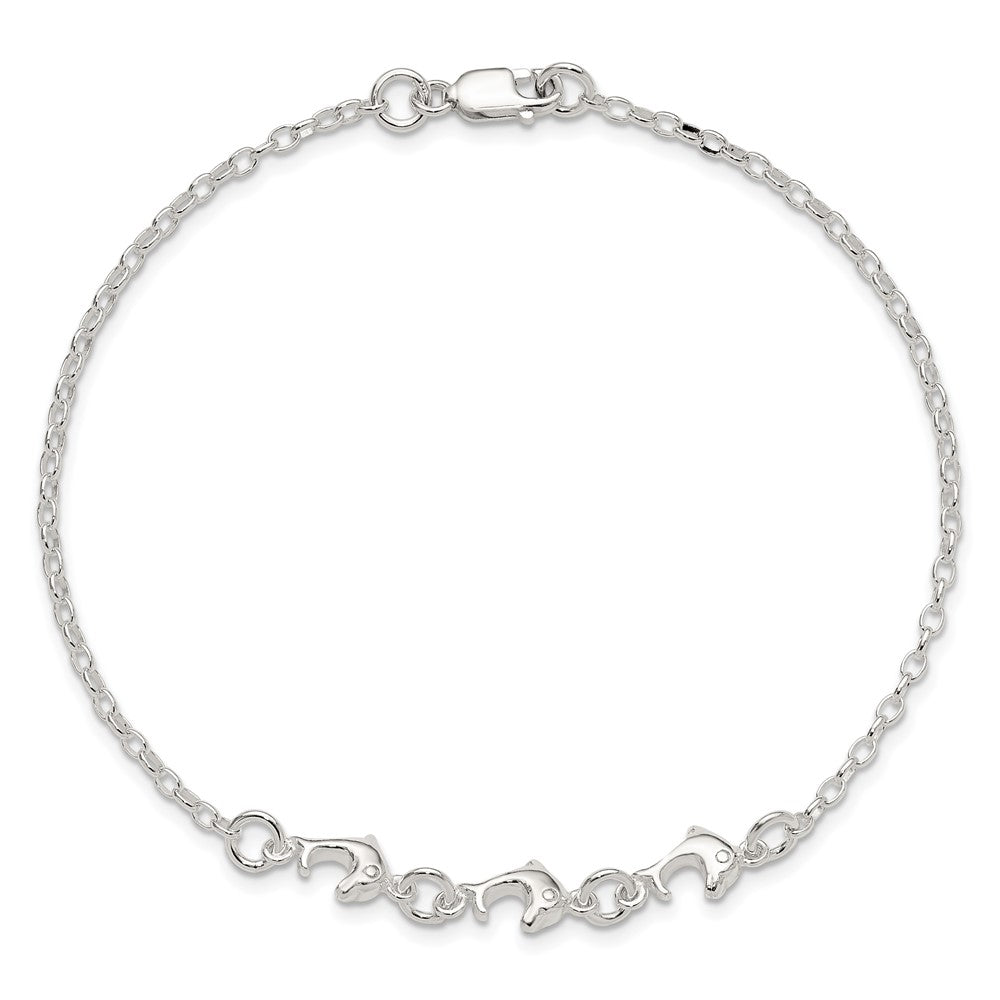 Sterling Silver 3 Dolphins Anklet 9 inches