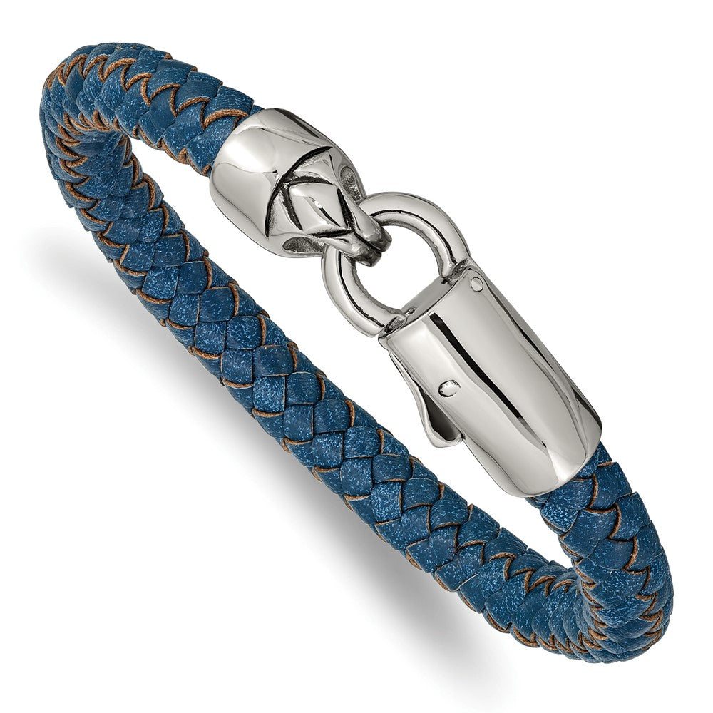 Stainless Steel Antiqued and Polished Blue Leather 8.25in Bracelet 8.25 inches
