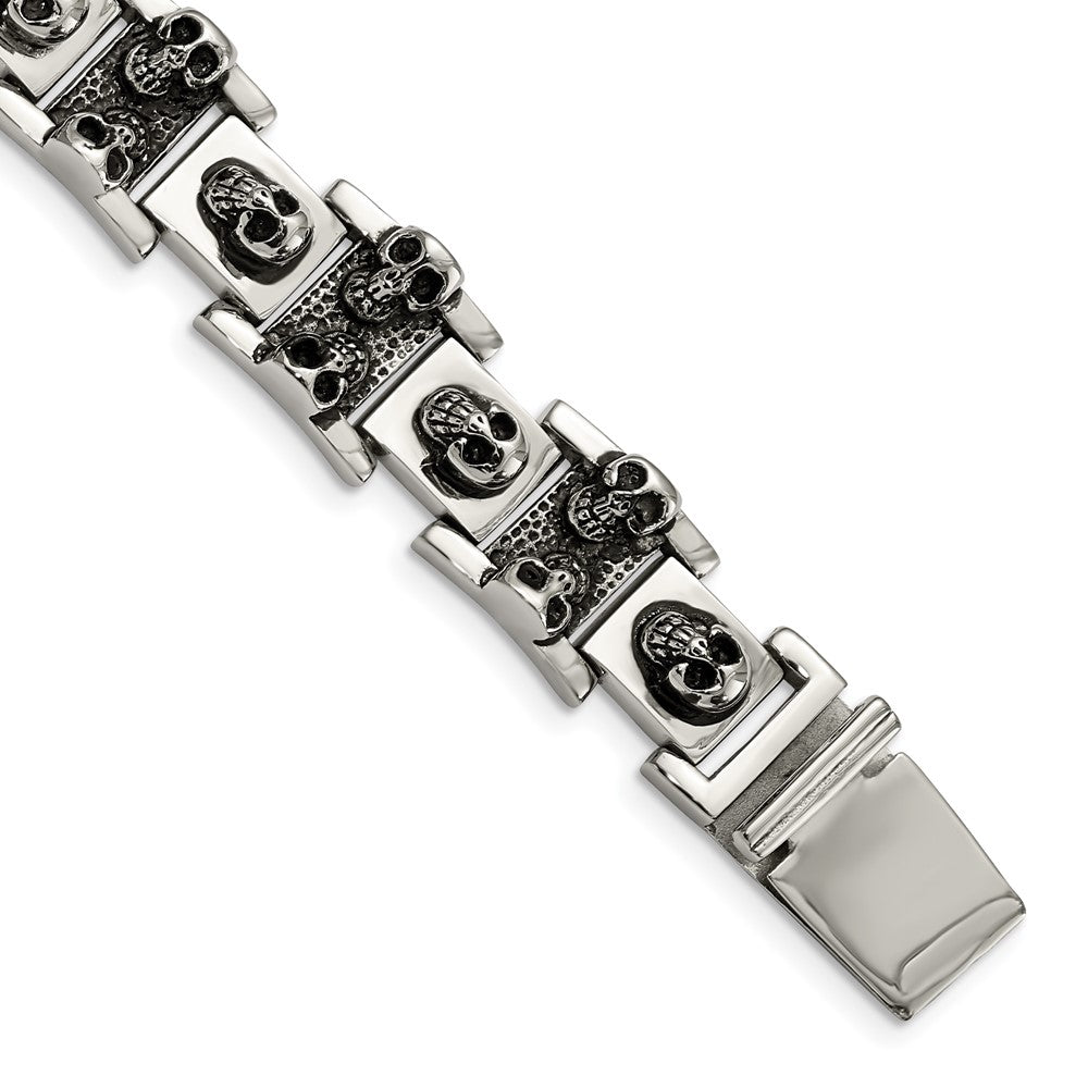 Stainless Steel Antiqued and Polished Skulls 8.25in Bracelet 8 inches