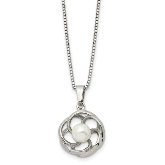 Stainless Steel Polished w/Freshwater Cultured Pearl 18in Necklace