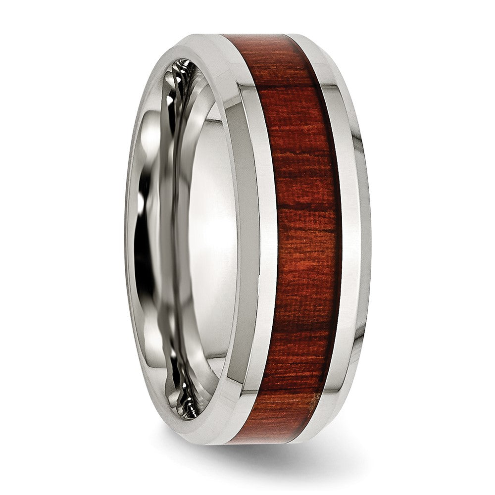 Stainless Steel Polished Red Koa Wood Inlay Enameled 8mm Band Size - 12