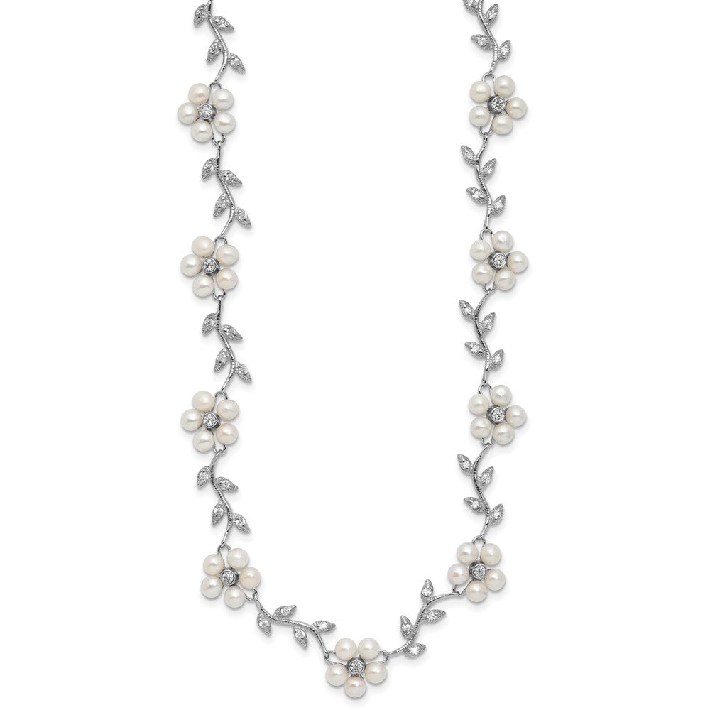 Sterling Silver Rhodium-plated CZ Vine Pattern and Fresheater Cultured Pearl Floral 16 inch Necklace 16 Inches