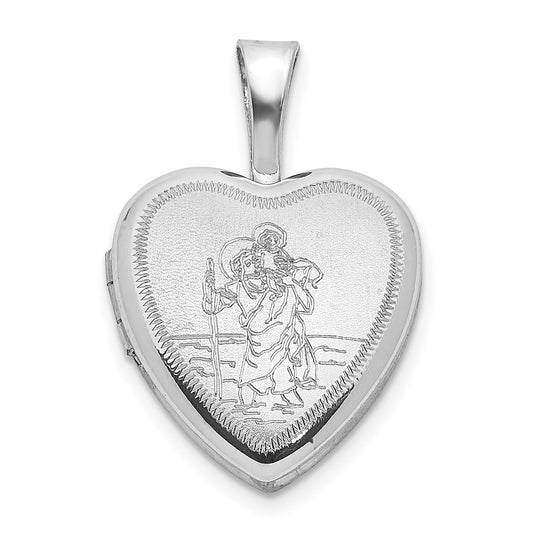 Sterling Silver Rhodium-plated Satin St. Christopher 12mm Heart Locket
