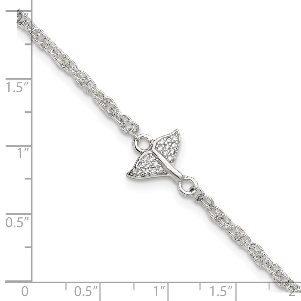 Sterling Silver Polished White CZ Whale Tail 9 inch with 1 inch Extension Anklet