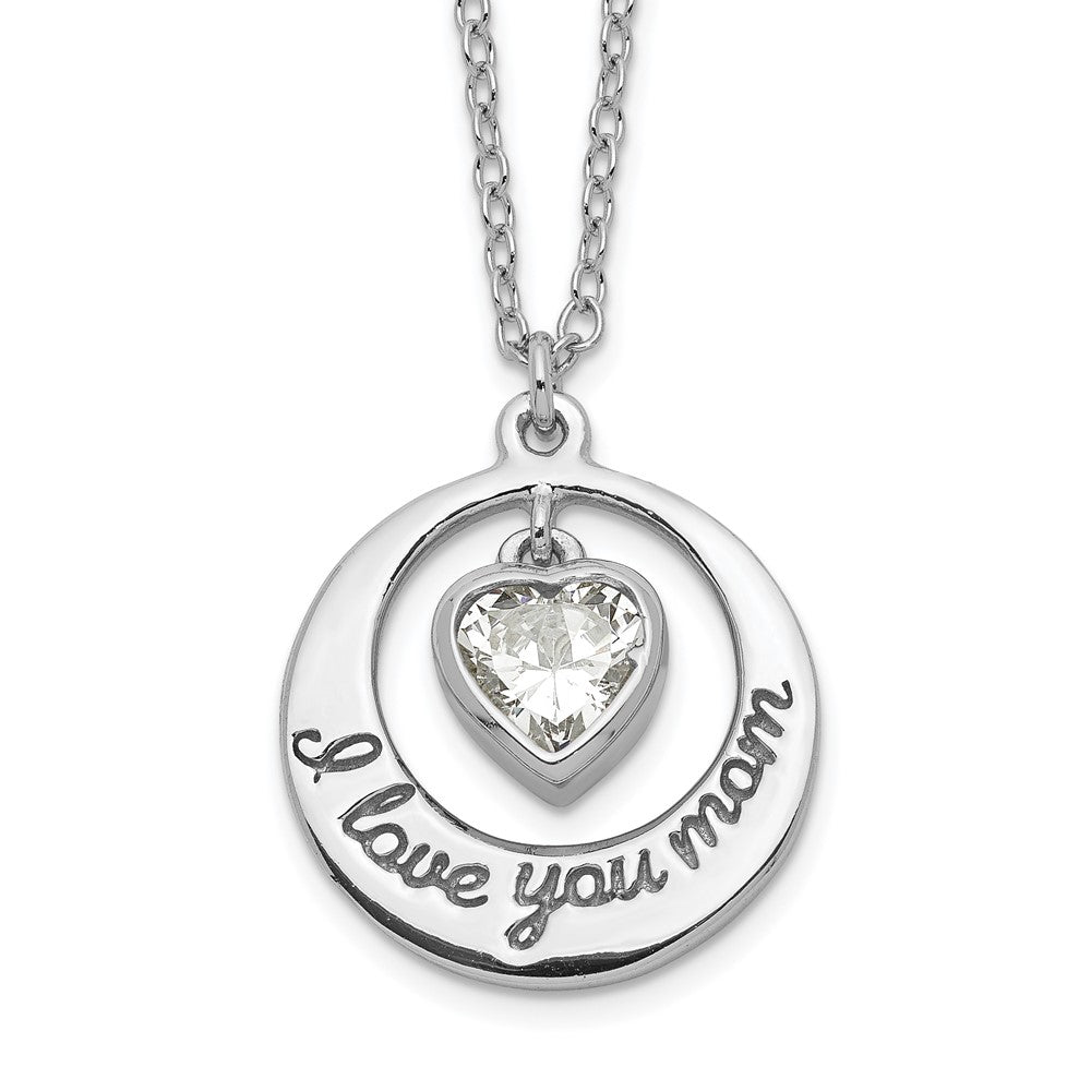 Sterling Silver Rhodium-plated I LOVE YOU MOM with CZ Heart Dangle 15 inch Necklace with 2 inch extension 15 Inches