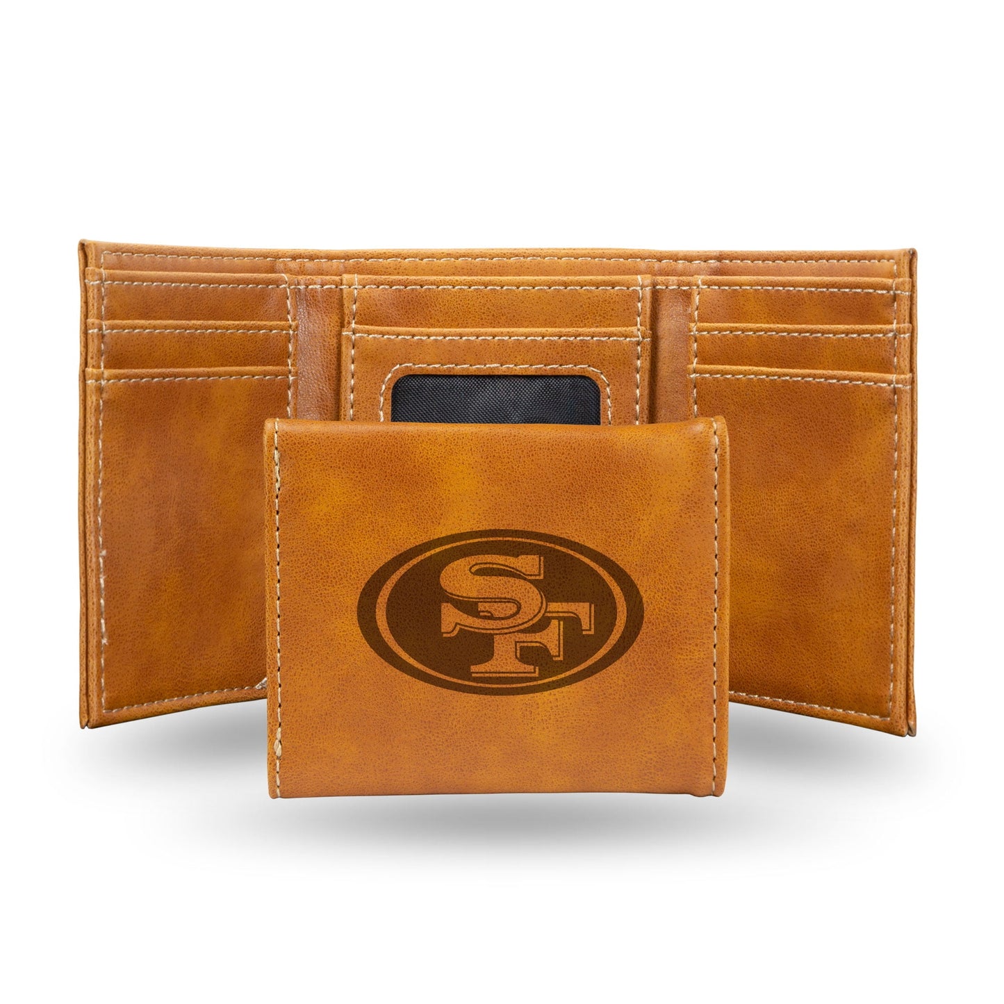 49ERS BROWN FAUX LEATHER LASER ENGRAVED TRIFOLD WITH BLACK LOGO