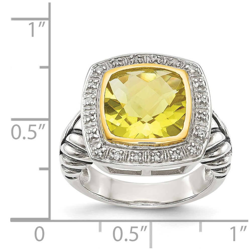 Shey Couture Sterling Silver with 14K Accent Antiqued Cushion Bezel Lemon Quartz and Diamond Ring