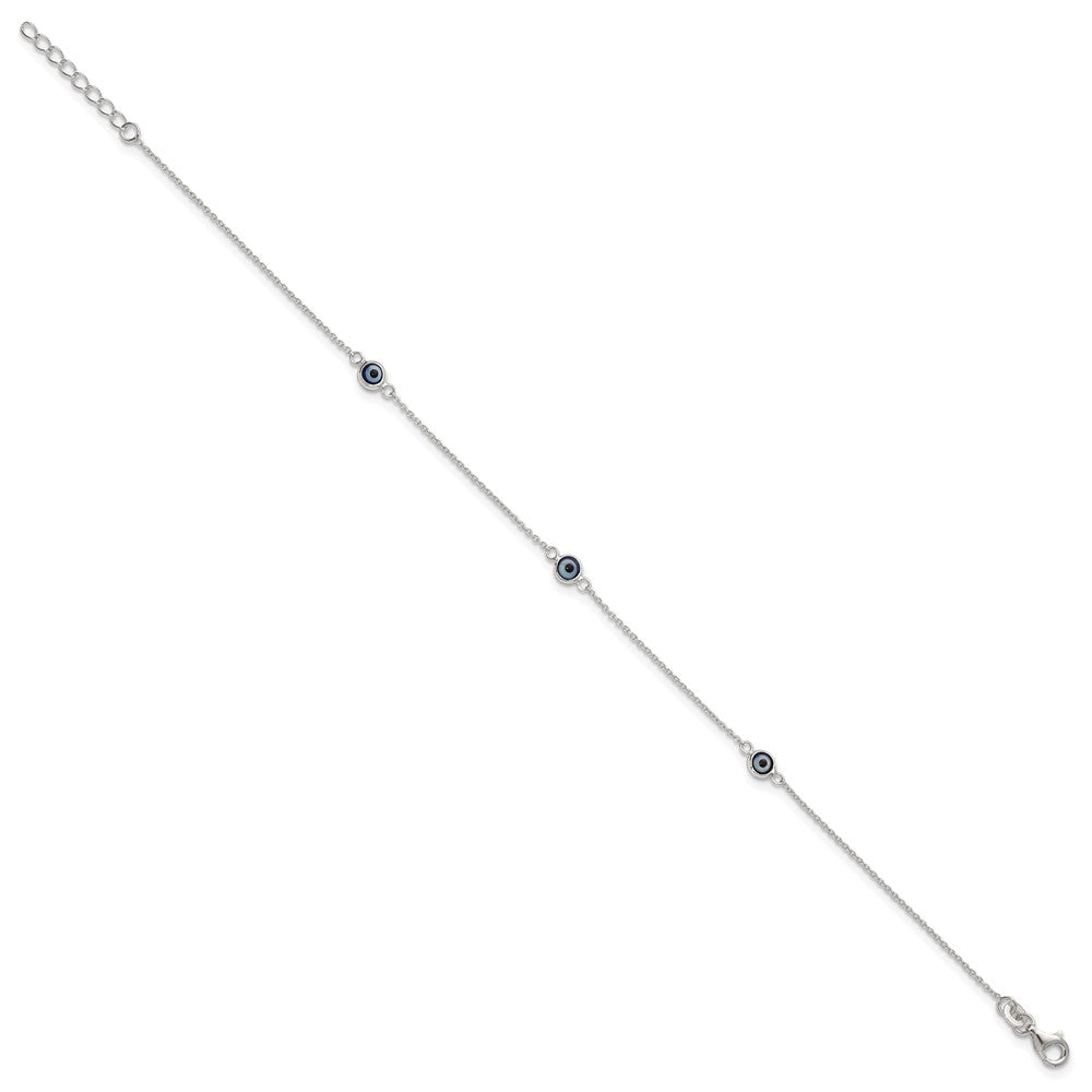 Sterling Silver Polished and Glass Evil Eye 9 inch with 1 inch Extension Anklet